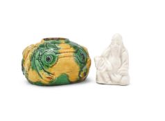 A Chinese Dehua joss stick holder and a small Famille Verte 'Crab' waterpot