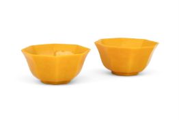 A pair of Chinese Peking yellow glass octagonal bowls