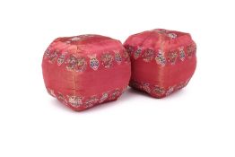 A pair of Chinese crimson satin silk brocade throne cushions