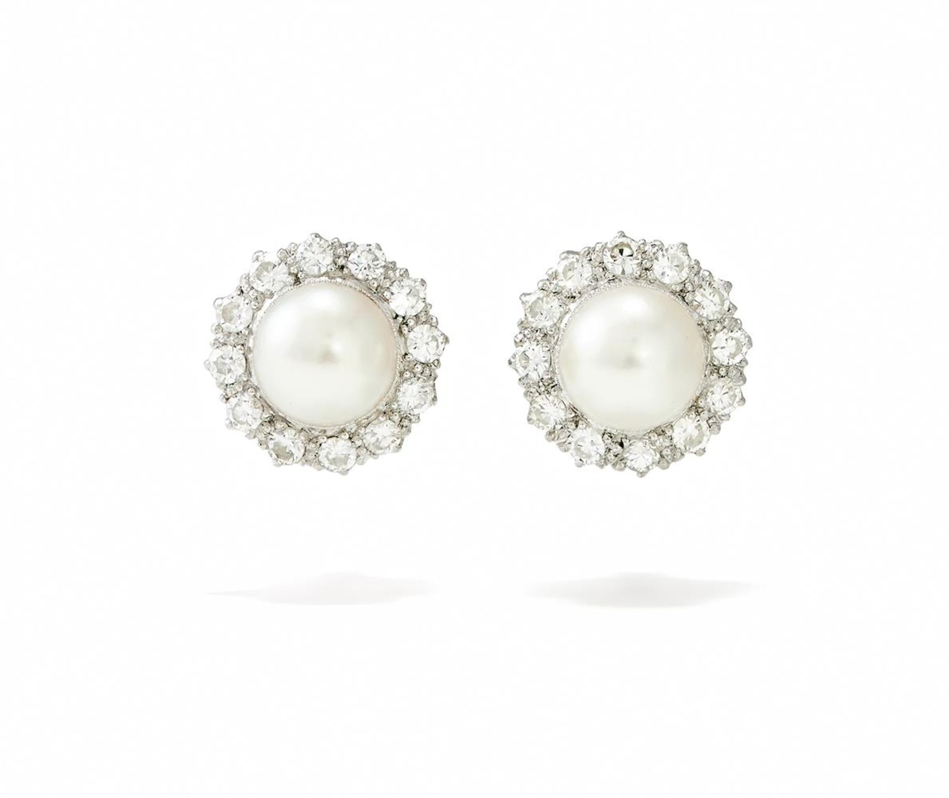 A PAIR OF CULTURED PEARL AND DIAMOND CLUSTER EARRINGS