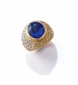 A SAPPHIRE, DIAMOND AND COLOURED DIAMOND DRESS RING
