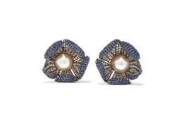 A PAIR OF SAPPHIRE, CULTURED MABÉ PEARL AND DIAMOND EARRINGS