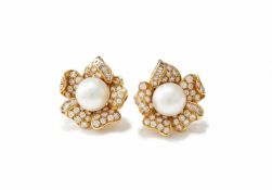 A PAIR OF CULTURED PEARL AND DIAMOND EARRINGS