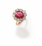 A RED SPINEL AND DIAMOND CLUSTER RING