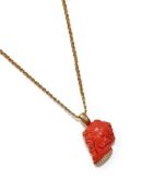Y A CORAL AND DIAMOND PENDANT NECKLACE