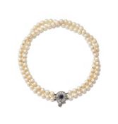 A TWO STRAND CULTURED PEARL, SAPPHIRE AND DIAMOND NECKLACE