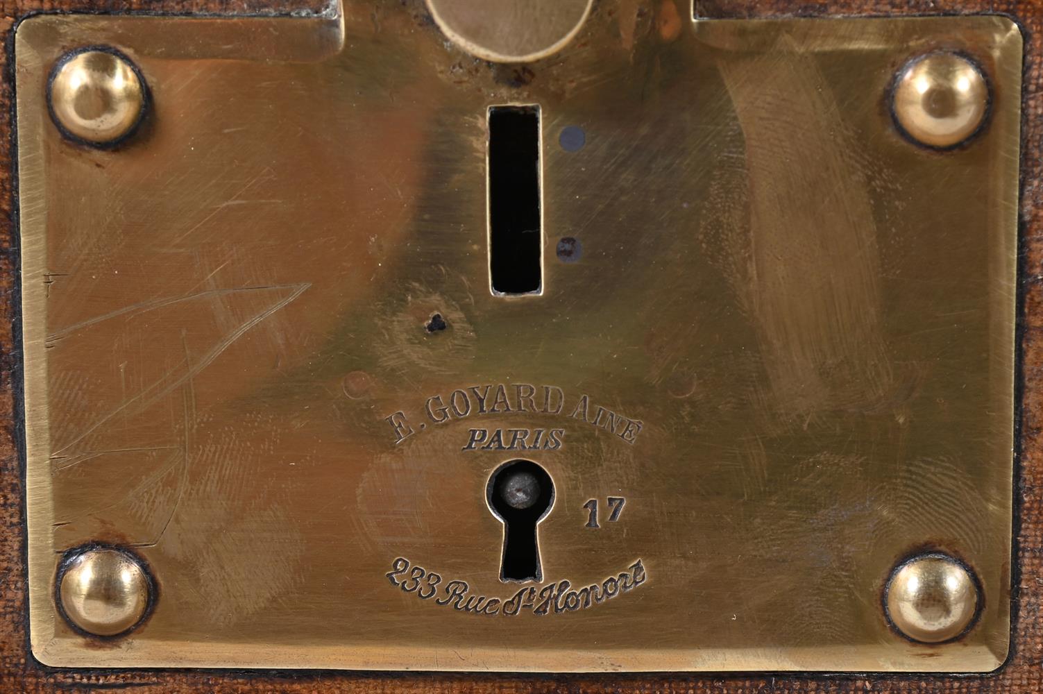 A GOYARD CANVAS, WOOD, LEATHER AND BRASS MOUNTED TRUNK, LATE 19TH OR EARLY 20TH CENTURY - Image 4 of 4