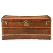 A GOYARD CANVAS, WOOD, LEATHER AND BRASS MOUNTED TRUNK, LATE 19TH OR EARLY 20TH CENTURY