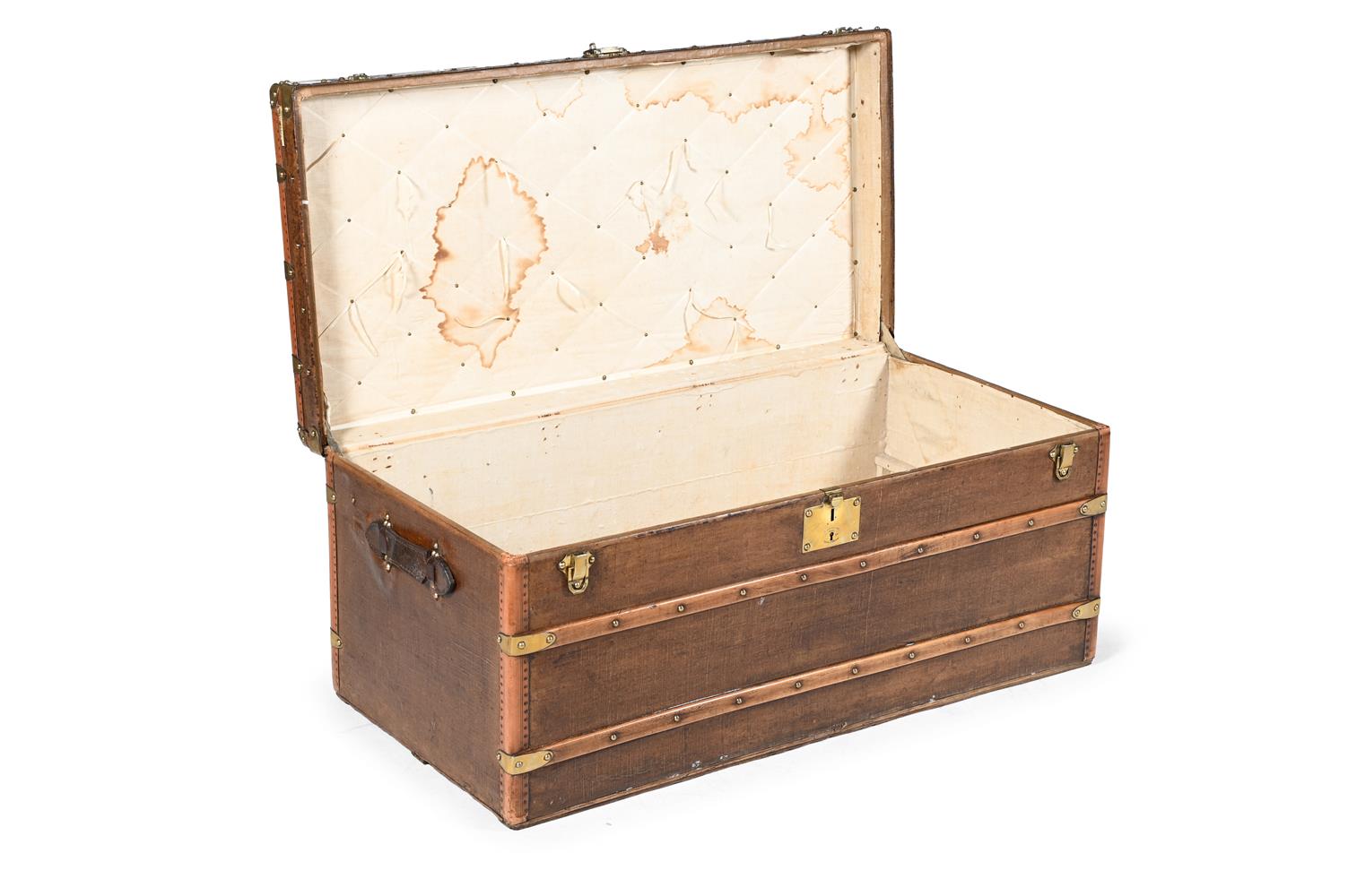 A GOYARD CANVAS, WOOD, LEATHER AND BRASS MOUNTED TRUNK, LATE 19TH OR EARLY 20TH CENTURY - Image 3 of 4