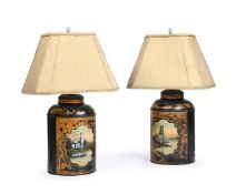 Y A PAIR OF VICTORIAN PAINTED AND MOTHER OF PEARL MOUNTED TEA CANNISTER TABLE LAMPS