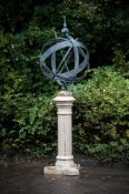 A LARGE VERDIGRIS PATINATED METAL ARMILLARY SPHERE ON PEDESTAL, MODERN