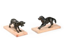 A PAIR OF ANIMALIER BRONZE DOGS ON MARBLE BASES, PROBABLY FRENCH, 19TH CENTURY