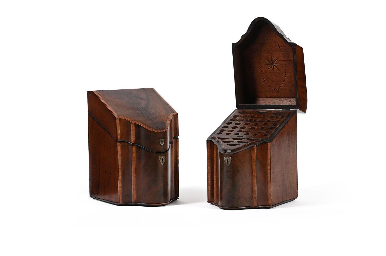 Y A PAIR OF GEORGE III MAHOGANY AND CROSSBANDED KNIFE BOXES, CIRCA 1790