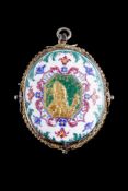 A RARE BERLIN SILVER GILT MOUNTED ROCK CRYSTAL & ENAMEL PENDANT ATTRIBUTED TO THE FROMERY WORKSHOP