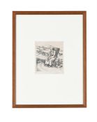 λ ENID BUTCHER (BRITISH 1902-1991), BRETON WOMAN HAVING A REST WITH A VILLAGE BEYOND