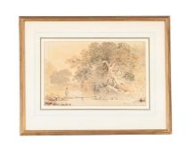 JAMES FRANCIS DANBY (BRITISH 1793-1861), FIGURE CROSSING A BRIDGE BY A WATERMILL