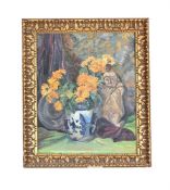 λ P. M. MOORHOUSE (BRITISH 20TH CENTURY), STILL LIFE OF FLOWERS IN A BLUE AND WHITE VASE