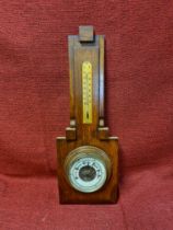 1930's oak mounted aneroid barometer and thermometer