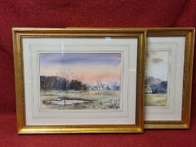 Pair of framed watercolours host houses and cottage scene