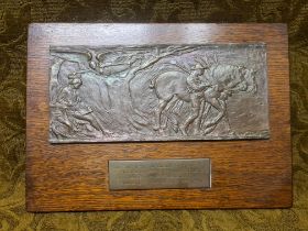 Oak mounted bronze poetical plaque