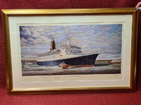Limited edition print QE2 departing Southampton