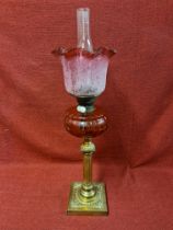 Victorian brass and cranberry glass oil lamp