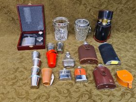 Spirit flasks, hip flasks, stirrup cups, ice pails