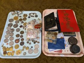 2 trays of assorted coins, medals, badges