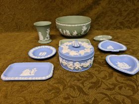 9 x green and blue Wedgwood Jasperwares