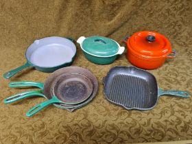 Quantity of new and used French and Danish cast iron cooking utensils