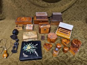 Collection of assorted wooden boxes and treen decorative items