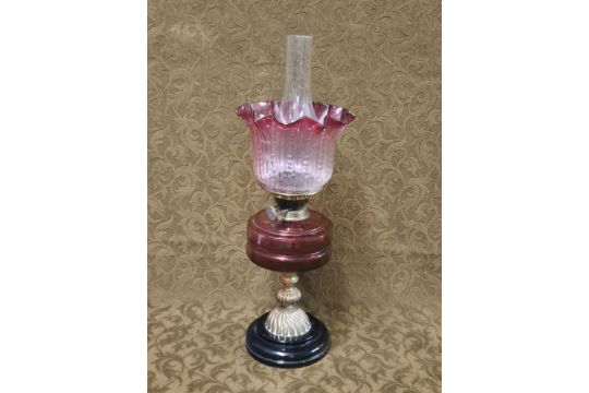 Victorian National Lampworks cranberry glass oil lamp - Image 5 of 5