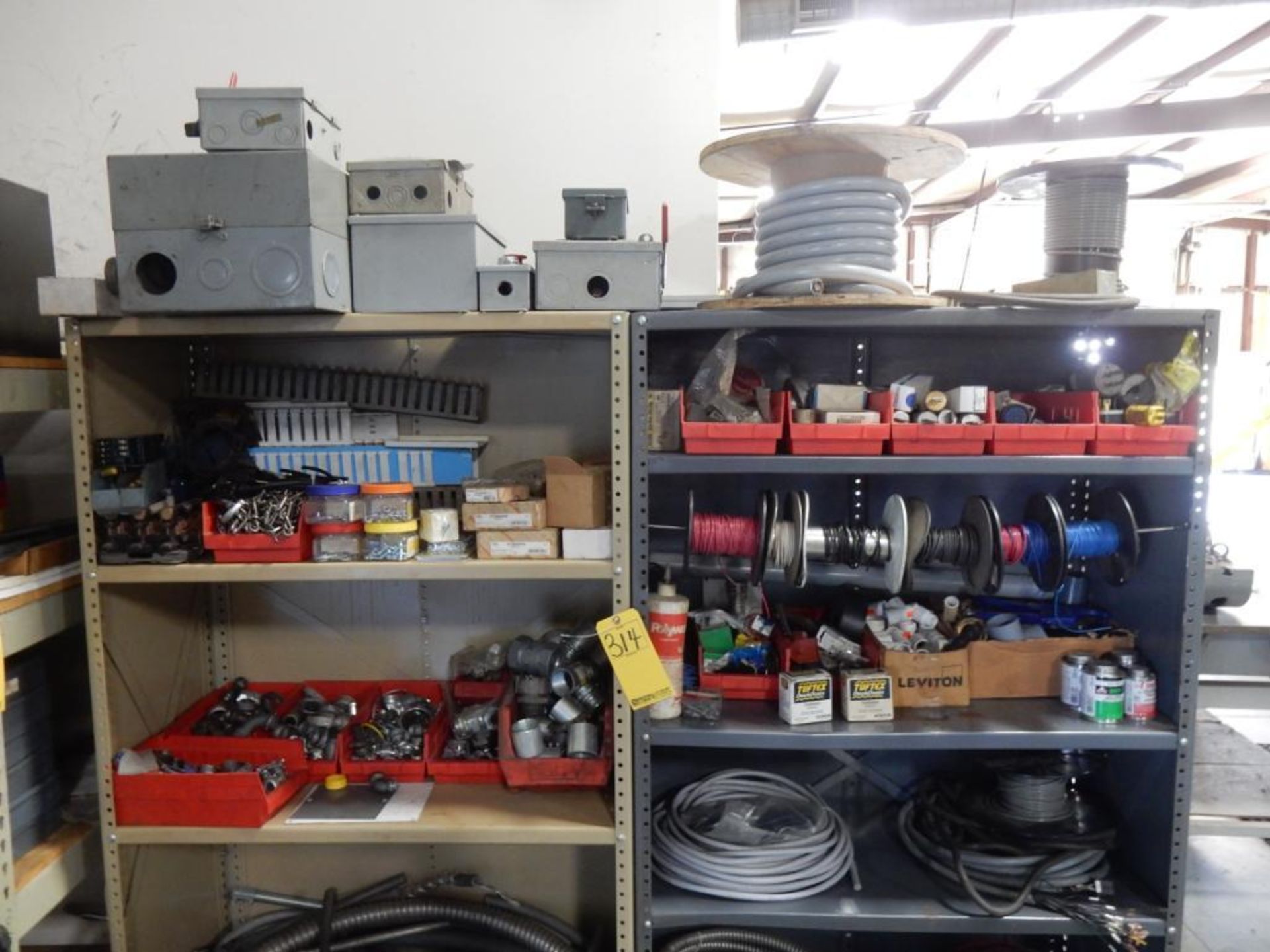 LOT (2) ADJ. SHELVES W/CONTENTS - CONDUIT FITTINGS, WIRE, ELECTRICAL BOXES, ETC. - Image 2 of 3