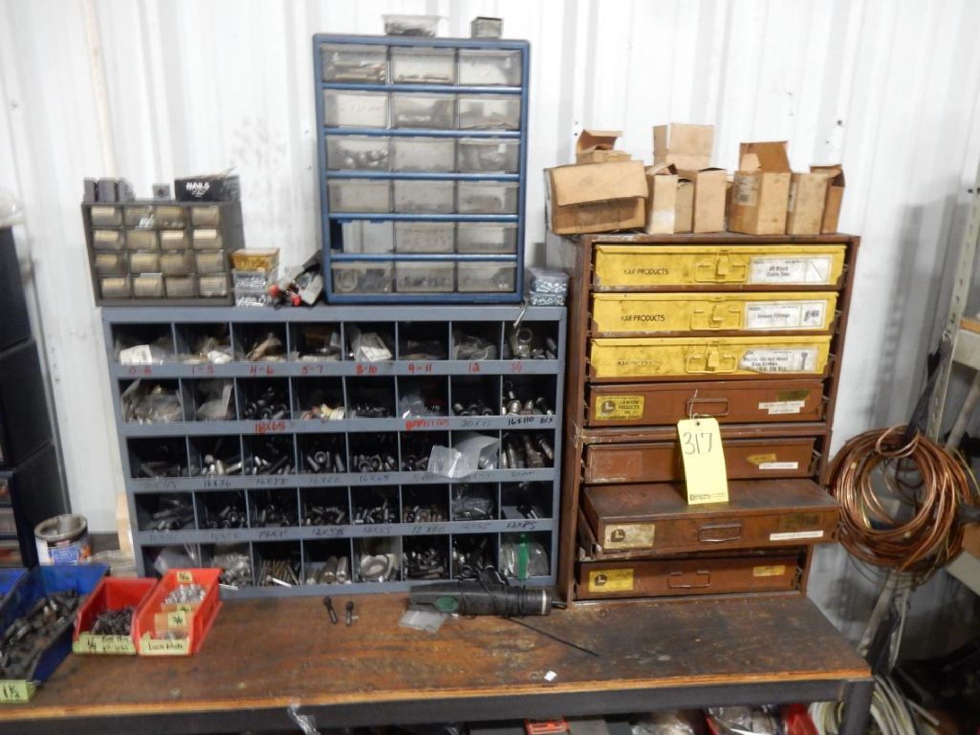 2' X 8' WOOD TOP METAL WORK BENCH W/CONTENTS - BOLT BIN, POLY BINS, FASTENER BINS, ETC. - Image 2 of 5