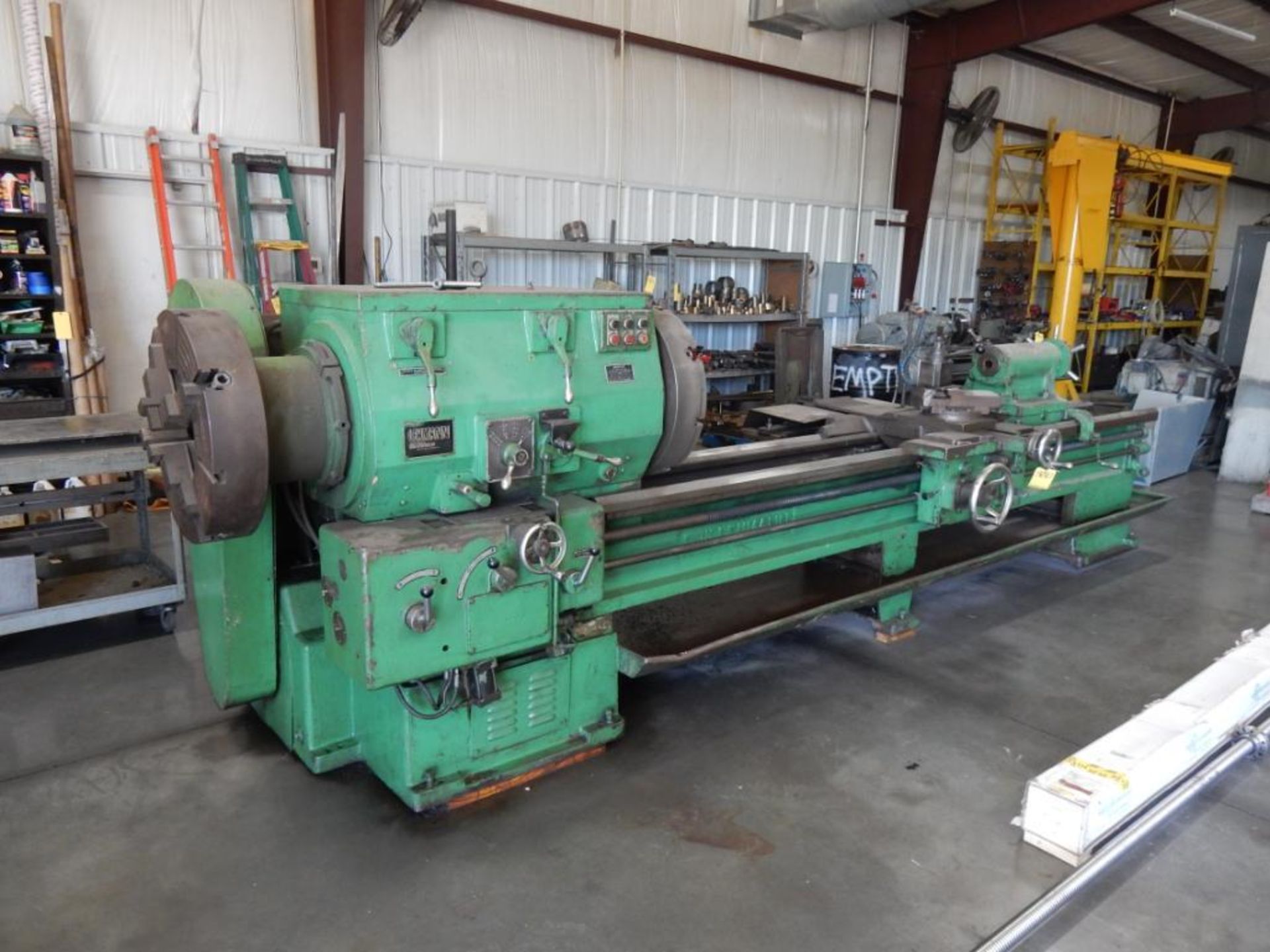 LEHMANN BIG HOLE ENGINE LATHE, S/N 241215-17, DUAL 24" 4-JAW CHUCKS, 12-1/8" SPINDLE BORE, APPROX. 2