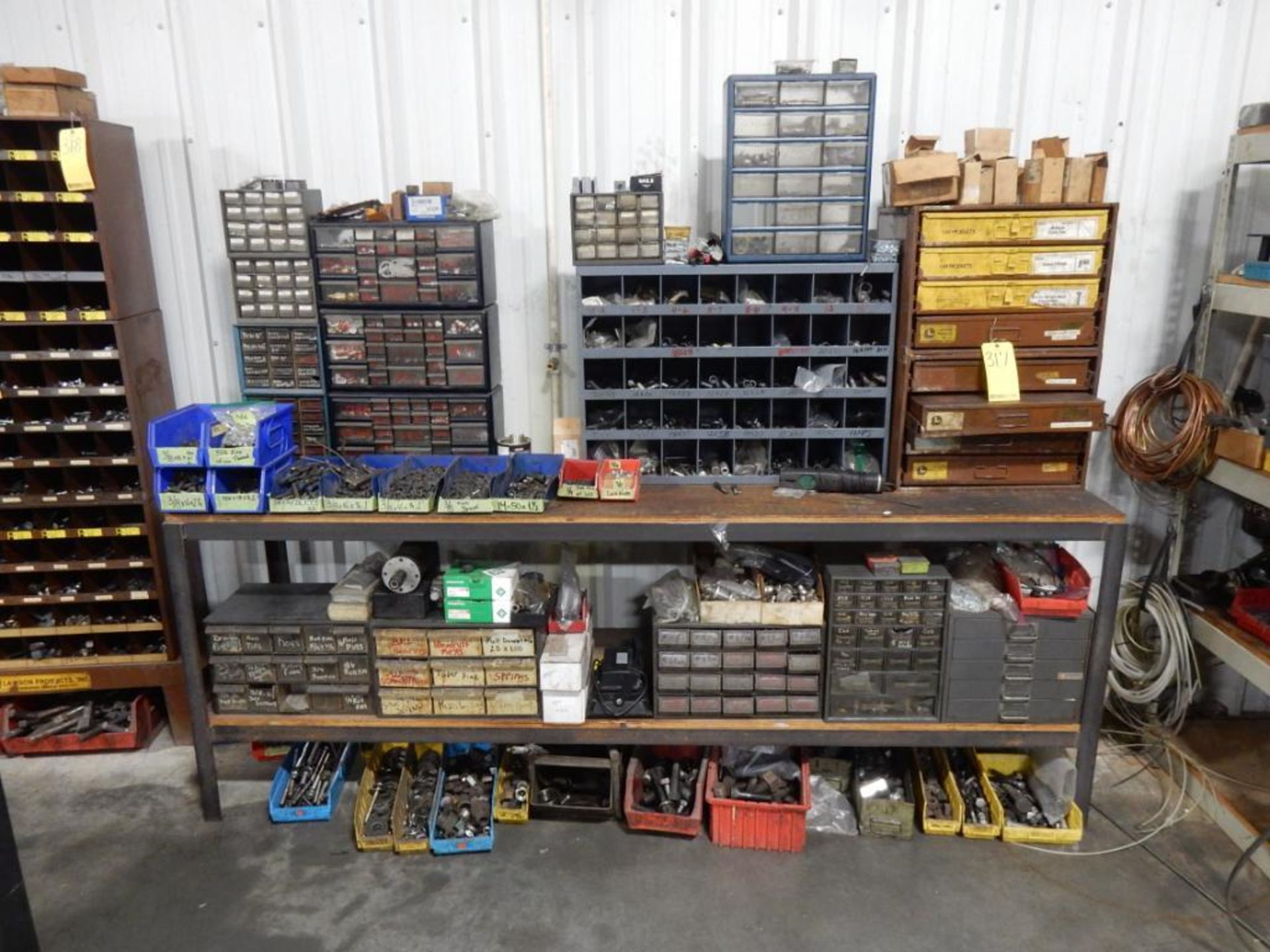 2' X 8' WOOD TOP METAL WORK BENCH W/CONTENTS - BOLT BIN, POLY BINS, FASTENER BINS, ETC.