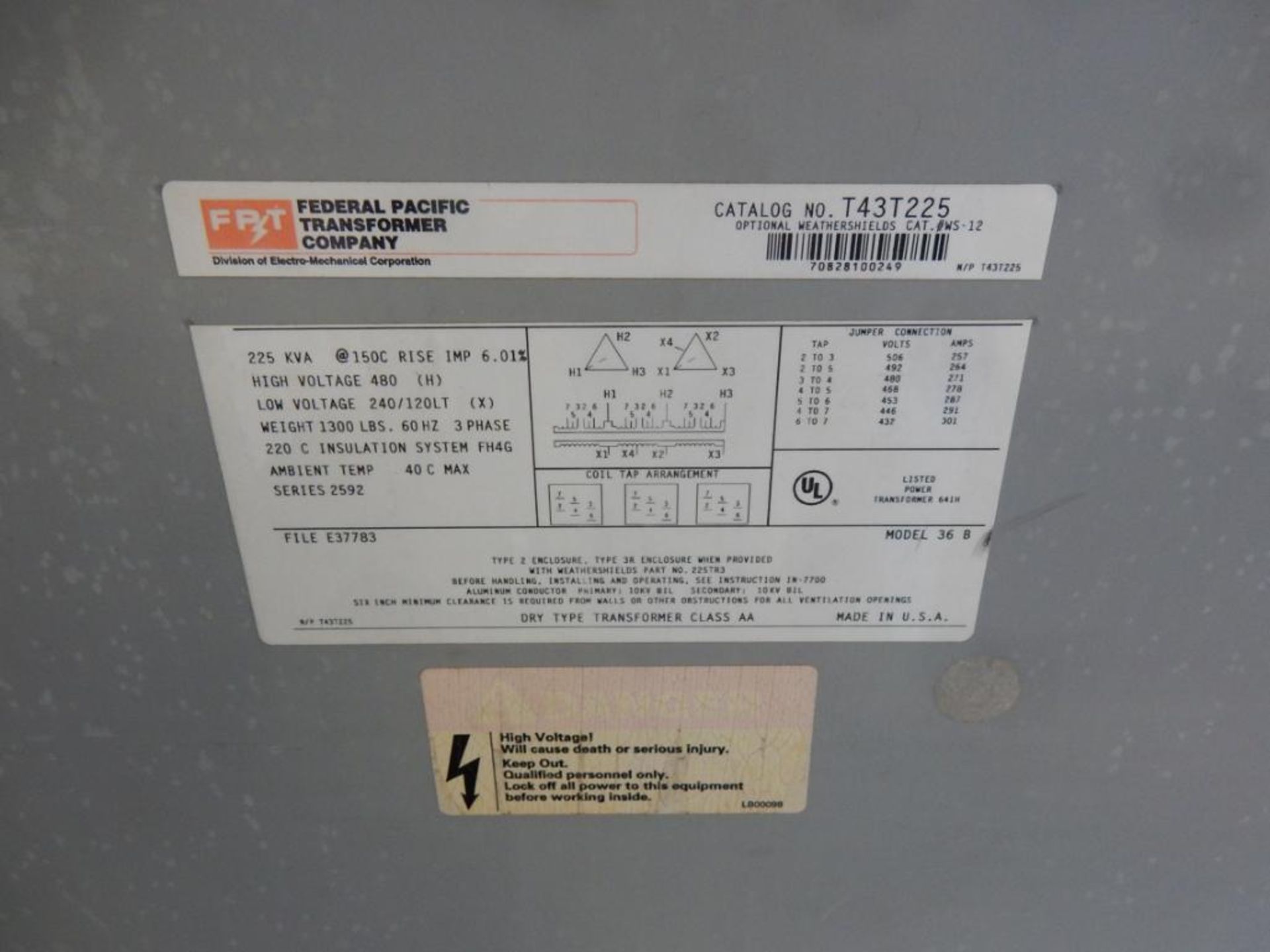 FEDERAL PACIFIC 225 KVA TRANSFORMER, CATALOG# T43T225 - Image 2 of 2