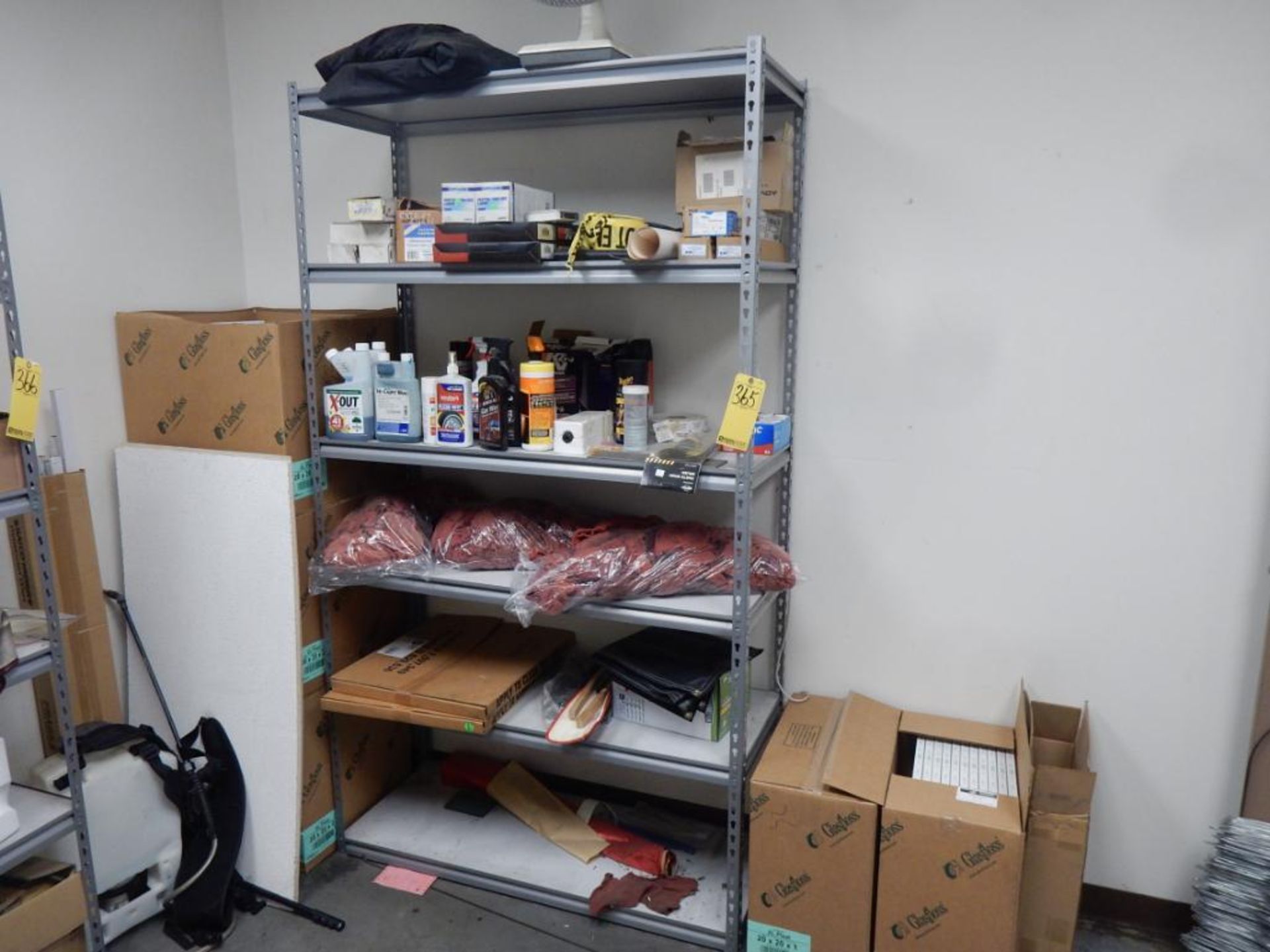 PROCEED TO OFFICE AREA: SHELF W/CONTENTS - RAGS, CLEANERS, ETC.