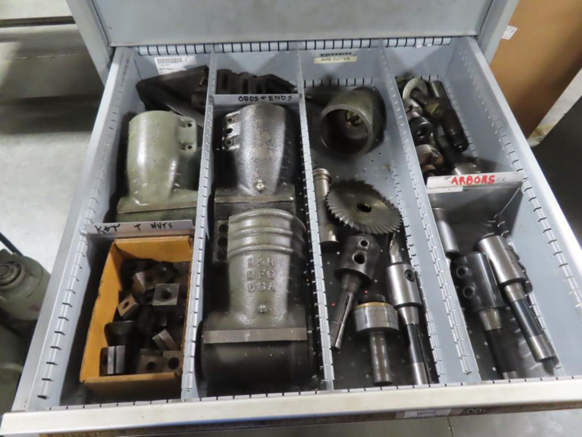 CONTENTS OF DRAWER - RIGHT ANGLE MILLING HEAD ADAPTORS, MISC. MILL TOOLING