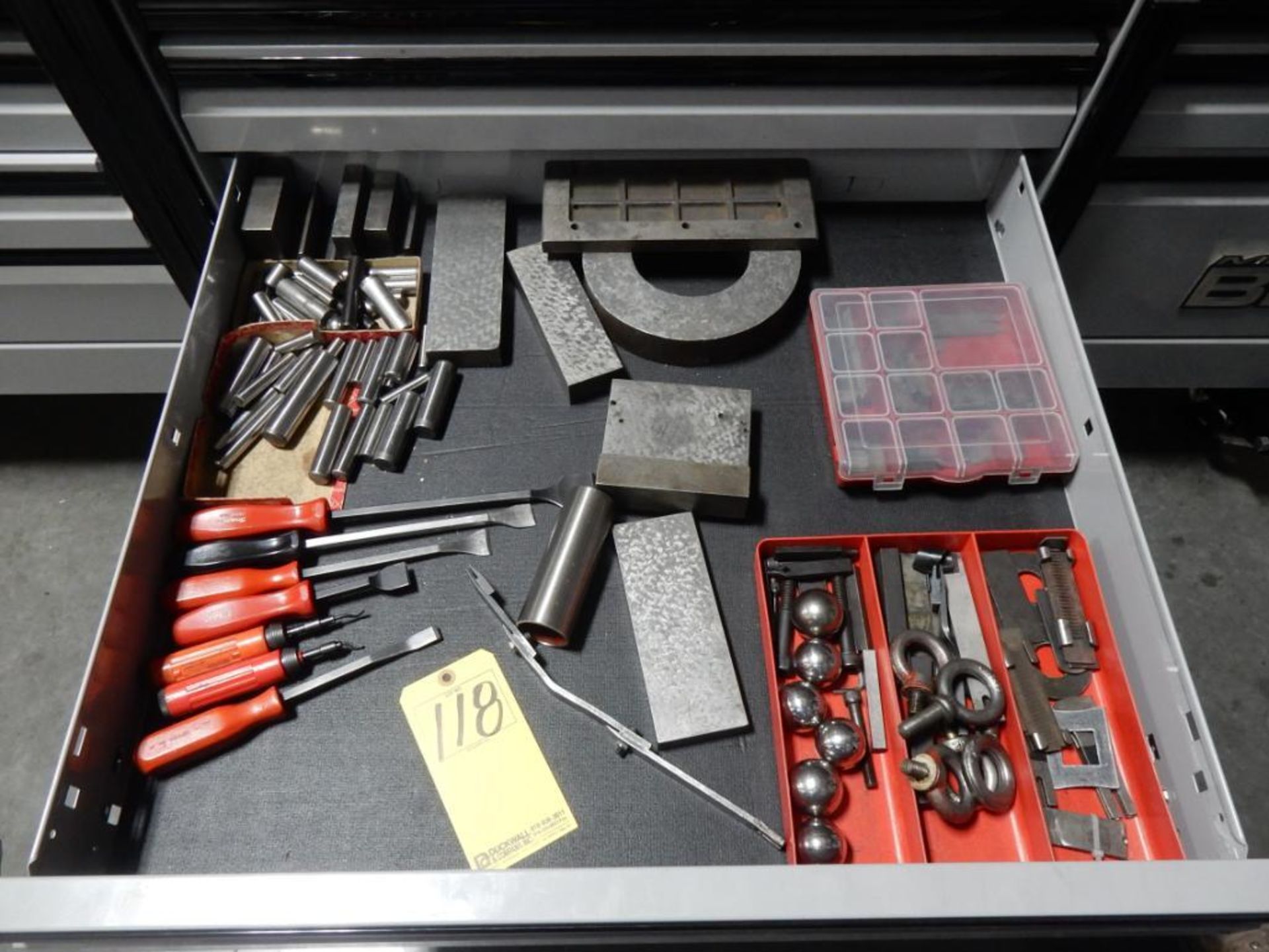 CONTENTS OF DRAWER - MACHINE BLOCKS, ROUND BEARINGS, SCRAPERS, ETC.