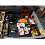 CONTENTS OF DRAWER IN SNAP-ON TOOL BOX - INDICATORS, RULES, PRESETTER, ETC.