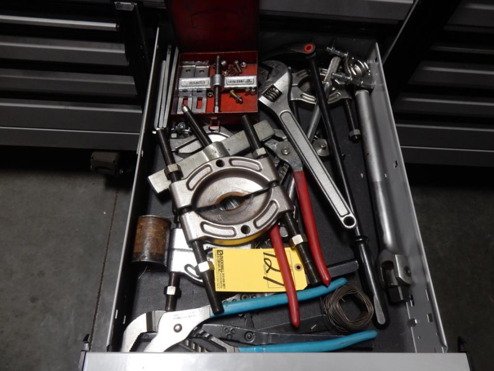 CONTENTS OF DRAWER - BEARING PULLERS, CHANNEL LOCKS, 1" BREAKOVER, CRESCENT WRENCH, ETC.