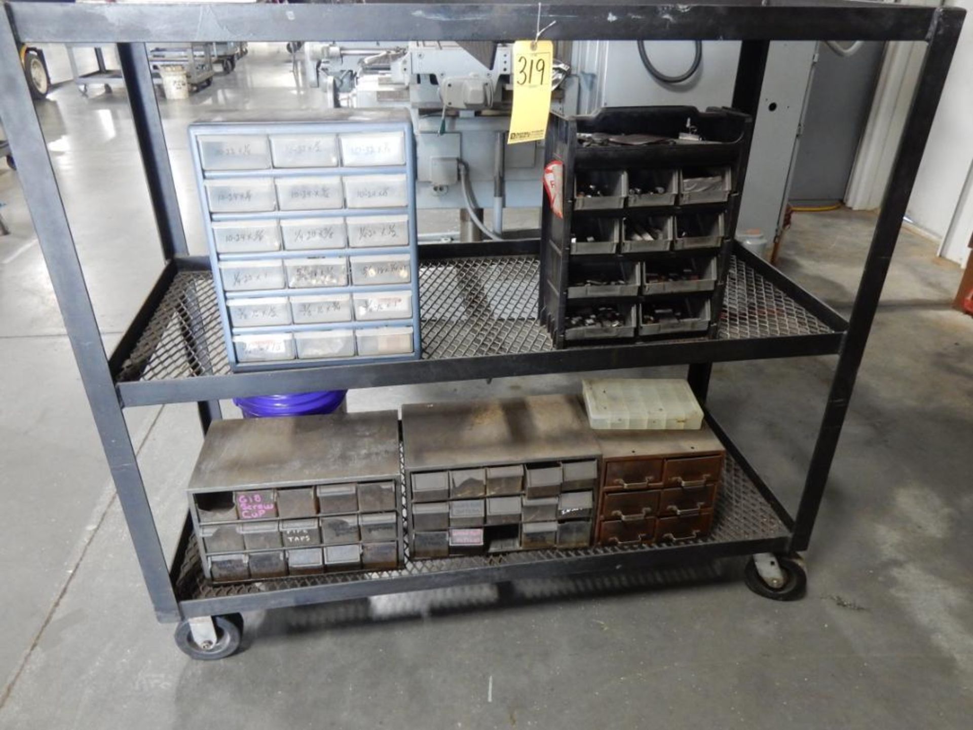 3-TIER ROLLING METAL CART W/CONTENTS - BRASS FASTENERS, MISC. BINS, EMERY CLOTH