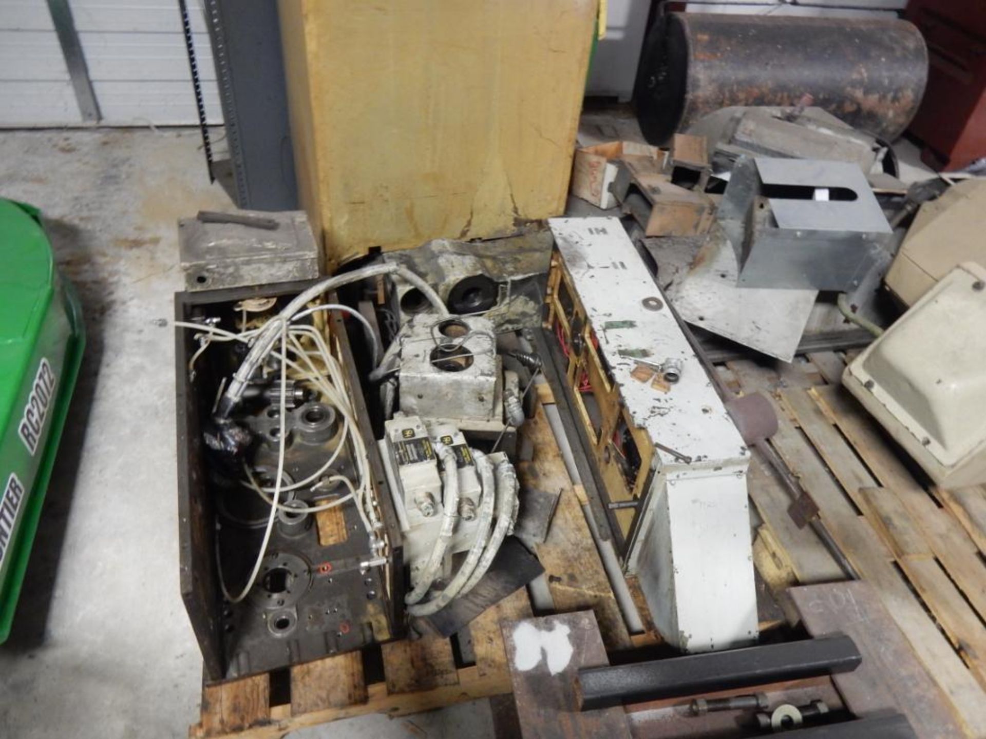 LOT MISC. ELEC. MOTORS, DRIVES, ELECTRICAL BOXES, WIRING, MACHINE PARTS, ETC.