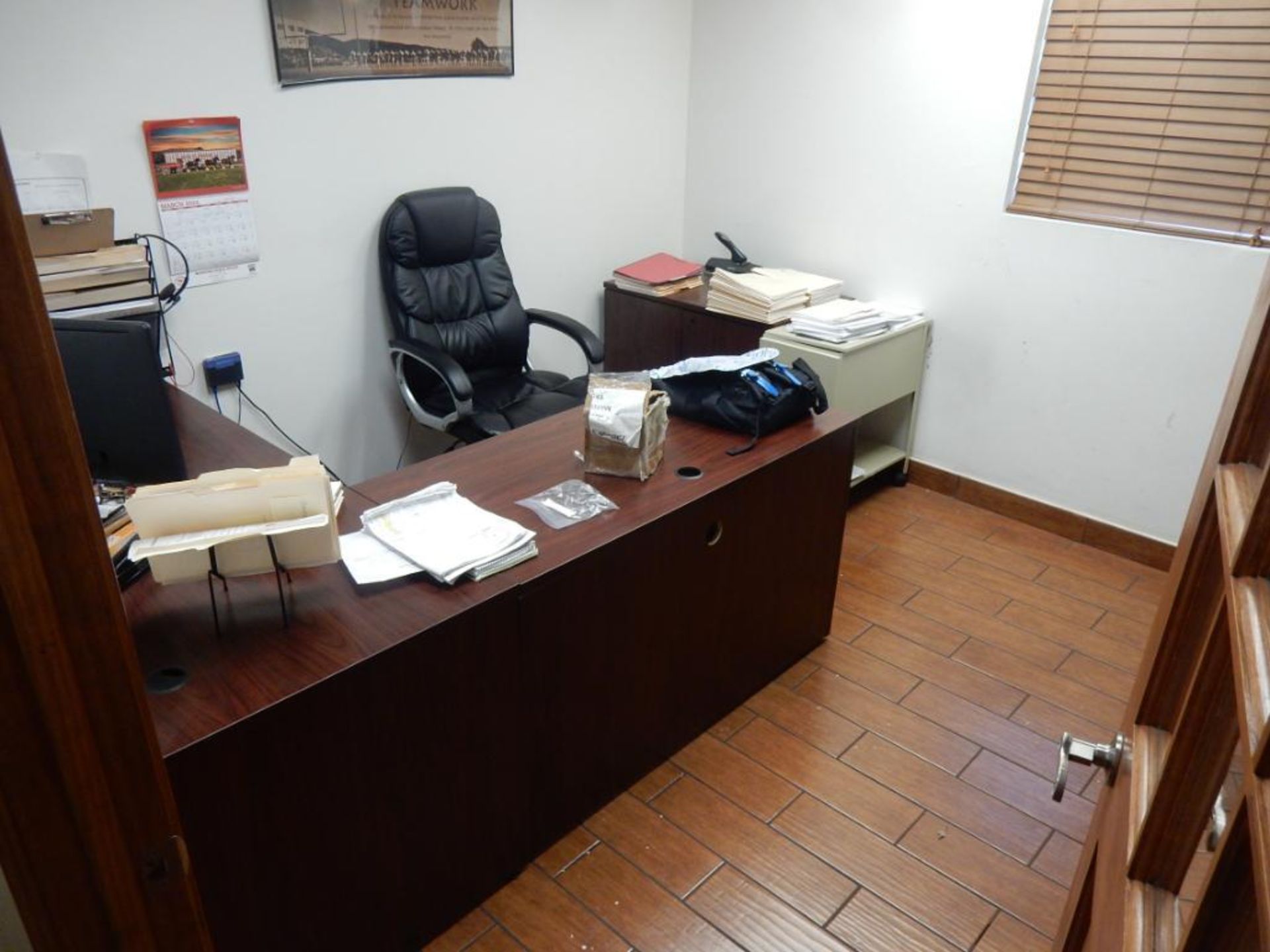 REMAINING CONTENTS OF WEST END OF OFFICE TO INCLUDE - SHELVING, (3) FORMICA TOP DESKS, FILE CABINETS