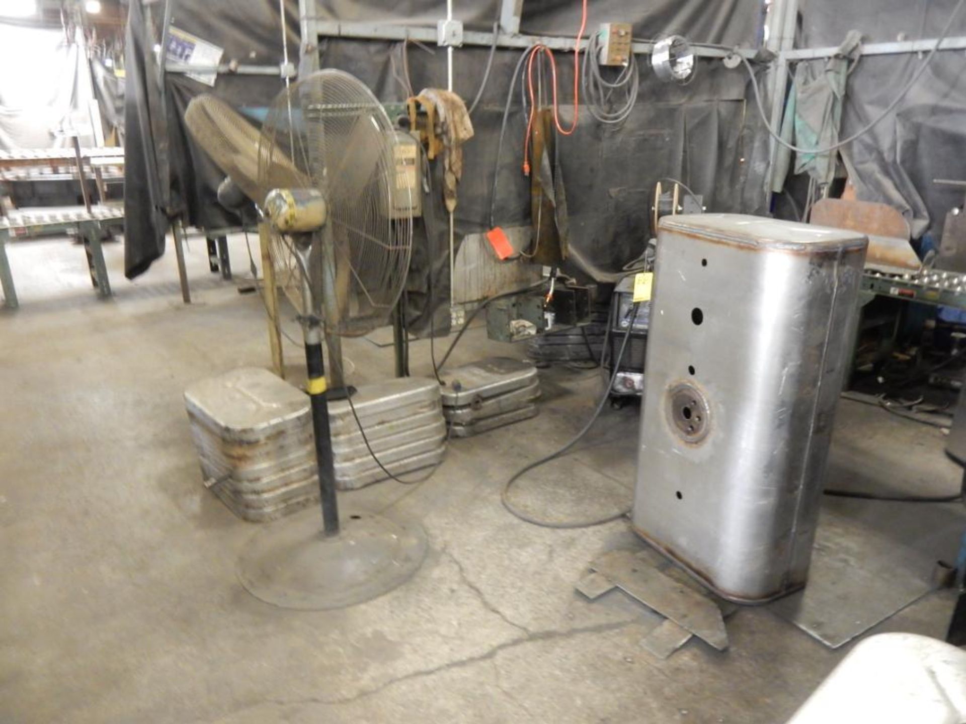 LOT MISC. ITEMS IN WELD AREA TO INCLUDE - PEDESTAL FANS, FORMAN'S DESK, MISC. TANKS, TANK PARTS, WEL - Image 2 of 4