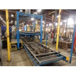 LOT (2) LOAD/UNLOAD STATIONS, CUSTOM BUILT, PNEUMATIC LIFTER, CONVEYOR ROLLERS, STAIRS, ETC.