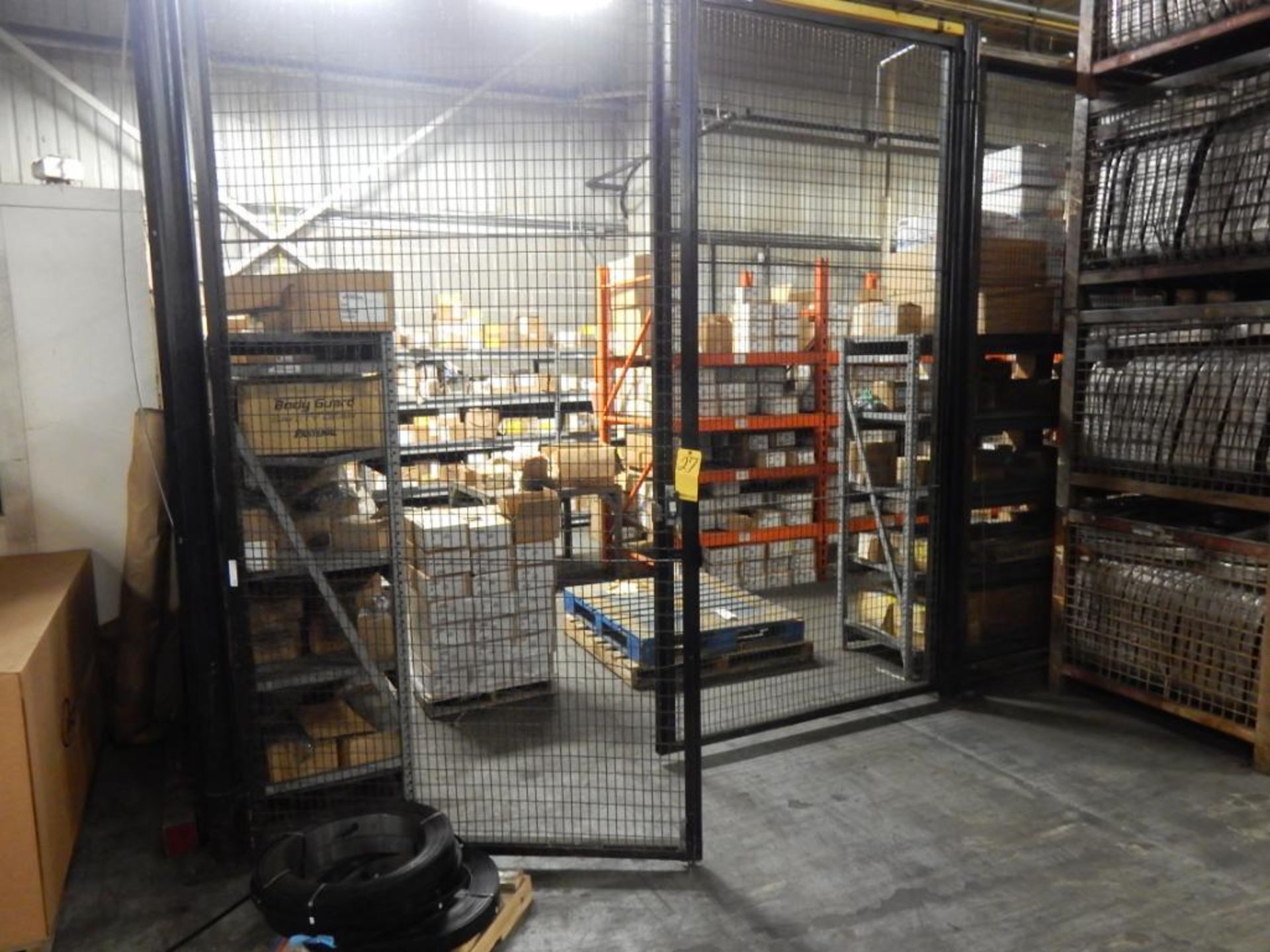 PARTS CAGE W/CONTENTS - APPROX. 9' TALL X 50' WIRE CLOTH WALLS, SINGLE DOUBLE-OPEN DOOR W/CONTENTS -