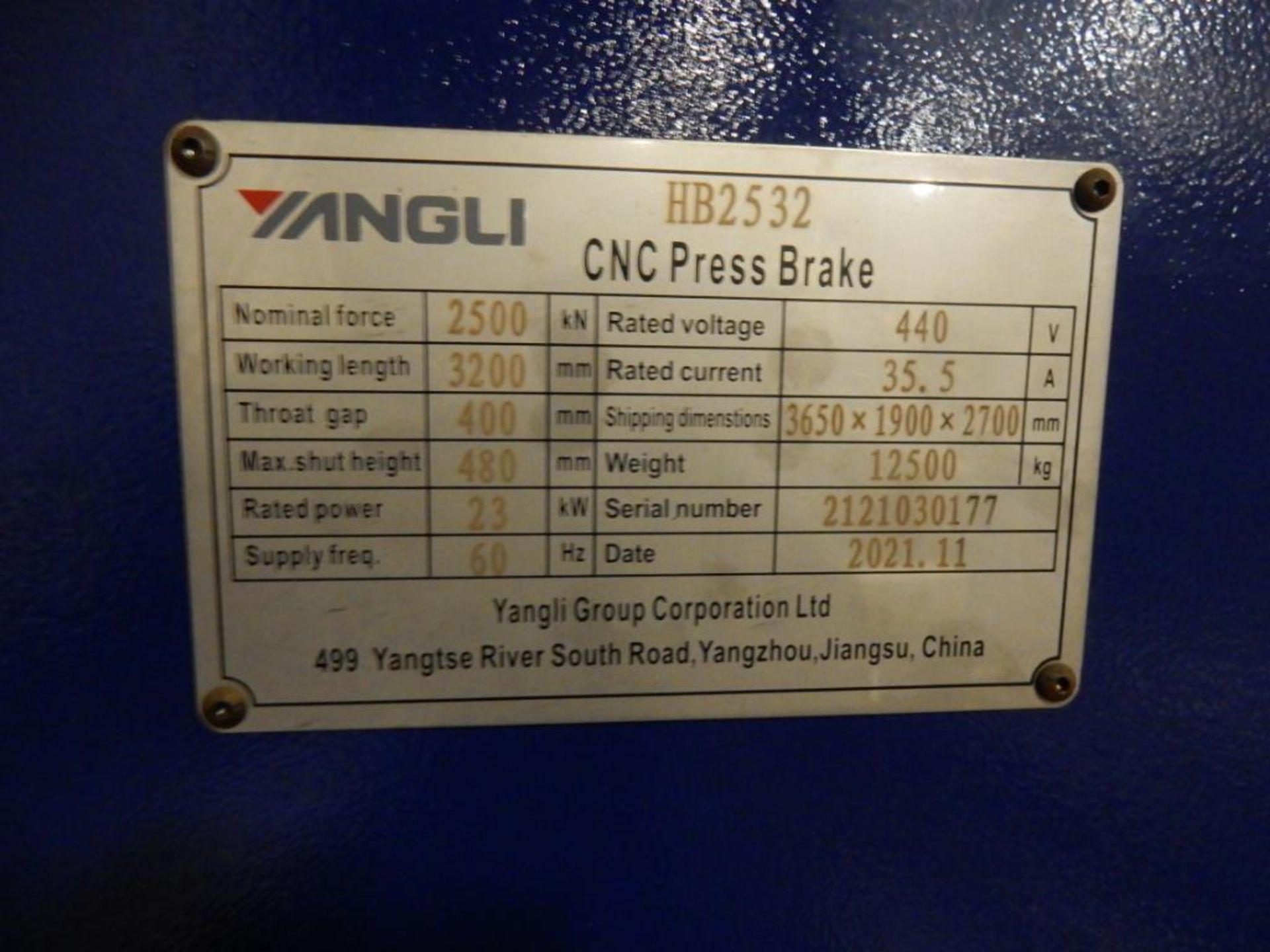 YANGLI CNC PRESS BRAKE, M# HB2532, S/N 2121030177, 11/21, DELEM DA-58T CNC CONTROLS, 2,500 KN X 3,20 - Image 3 of 3