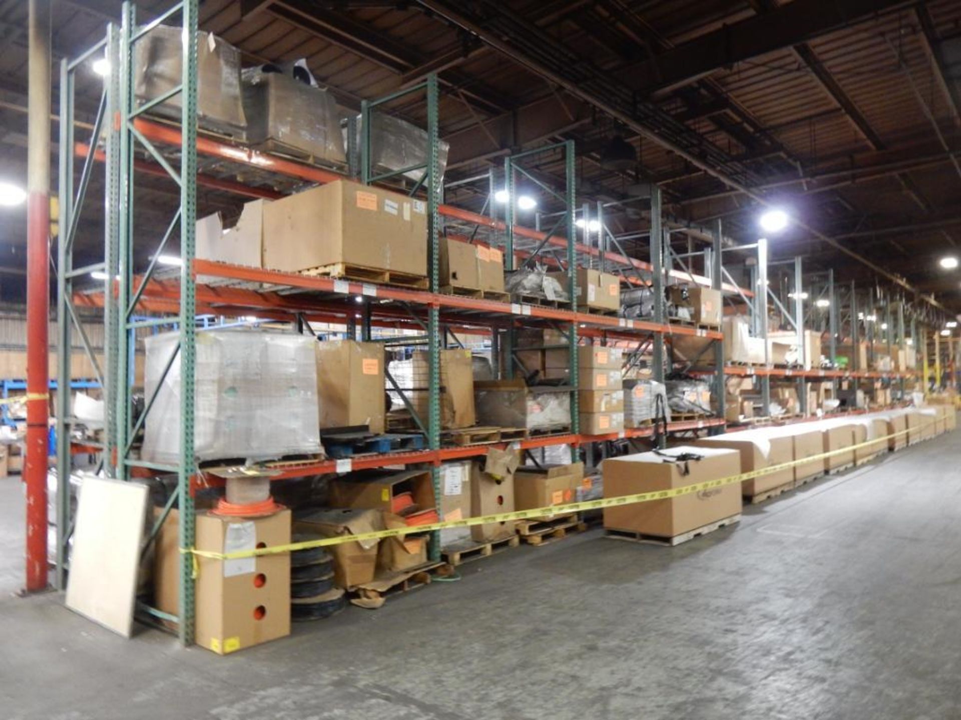 LOT APPROX. (30) TEARDROP PALLET RACK SECTIONS W/WIRE DECKING & CONTENTS TO INCLUDE - TANK MOUNTS, M